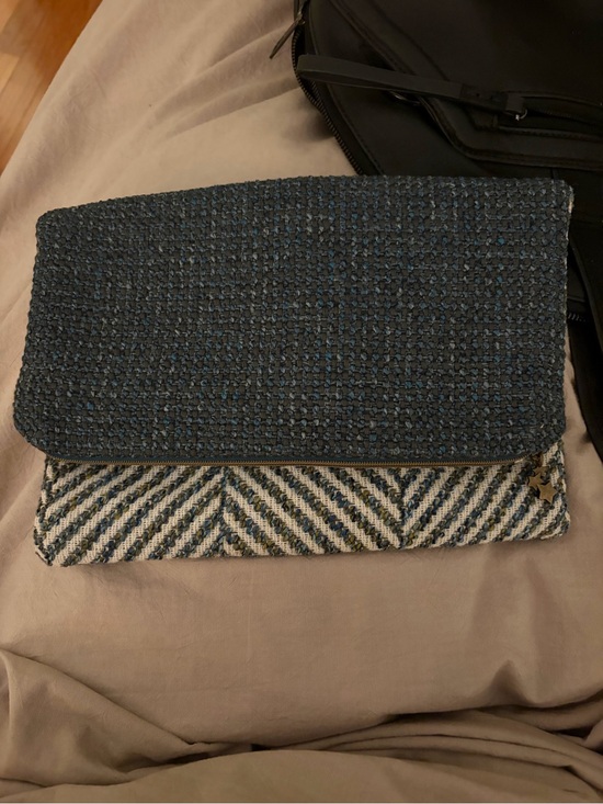Handbags - Woven Navy and Cream Fold-Over Clutch